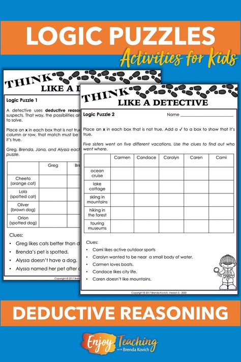 Logic Puzzles for Kids - Deductive Reasoning & Make Your Own! Logic Puzzles For Kids, Logic Puzzles Brain Teasers, Reasoning Activities, Logic Games For Kids, Deductive Reasoning, Grid Puzzles, Math Logic Puzzles, Problem Solving Worksheet, Logic Problems