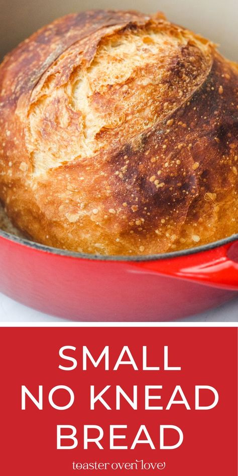 Small crusty loaf of bread in a red dutch oven. No Knead Bread Small Batch, Small Artisan Bread Recipes, Mini Dutch Oven Bread, Homemade Bread For Two, Small Loaf Artisan Bread, 2 Quart Dutch Oven Bread, The Practical Kitchen Small Batch Crusty Bread, Small Batch Rustic Bread, Small Loaf Of Bread Recipe