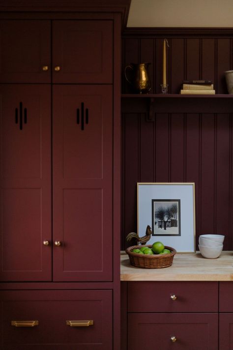 Interior Gallery - Danielle Tocker Photography Deep Red Cabinets, Burgundy Shaker Kitchen, Burnt Red Cabinets, Red Shaker Kitchen, Oxblood Kitchen Cabinets, Dark Burgundy Kitchen Cabinets, Wine Red Interior, Eggplant Kitchen Cabinets, Burgandy Kitchen Cabinet