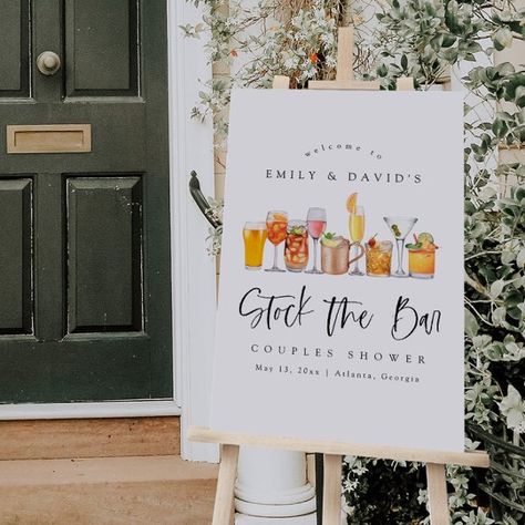 Watercolor Drinks Stock The Bar  Welcome Sign Stock The Bar Party Ideas, Stock The Bar Party, Watercolor Drinks, Bridal Shower Elegant, Engagement Party Welcome Sign, Bar Party, Party Bars, Wedding Posters, Elegant Font