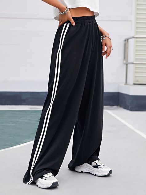 Black Casual Collar  Fabric Striped Wide Leg Embellished Slight Stretch Spring/Summer/Fall Women Bottoms School Sports Outfits, Adidas Trousers, Looks Adidas, Side Stripe Trousers, Crochet Sweater Design, Womens Palazzo Pants, Trendy Trouser, Striped Sweatpants, Palazzo Trousers