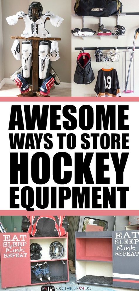 Hockey equipment storage | Garage organization | Sports Equipment Storage Ideas | sports equipment organization Organizing Hockey Equipment, Mudroom For Sports Equipment, Hockey Equipment Organization, Organizing Sports Equipment, How To Store Hockey Equipment, Hockey Organization Storage Ideas, Hockey Gear Organization, Hockey Stick Organization, Sports Storage Ideas Mud Rooms