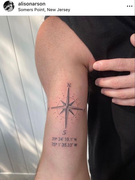 Compass tattoo with coordinates Compass And Coordinates Tattoo, Elbow Compass Tattoo, Compass With Coordinates Tattoo, Compass Coordinates Tattoo, Gps Coordinates Tattoo, North Star Tattoos, Tricep Tattoos, Coordinates Tattoo, Friends Tattoo