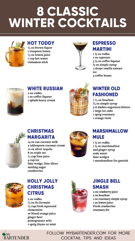 Winter Cocktails Classic Christmas Drinks, Cute Holiday Drink Ideas, Acholic Beverages Christmas, Drinks Alcohol Recipes Christmas, Easy Cocktail Recipes Christmas, Cozy Drinks Alcohol, Winter Themed Drinks Cocktail Recipes, Holiday Drinks Recipes, Winter Themed Alcoholic Drinks