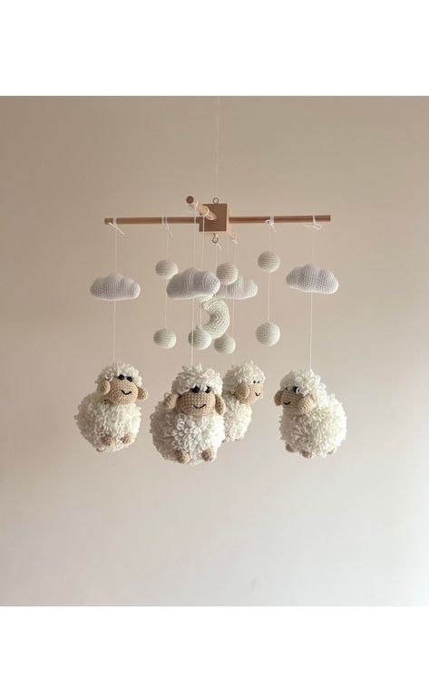 This unique crochet baby mobile will bring the smile to your babies every moment with 4 cute fluffy sheeps. - 100% Pure Handmade - Material: soft Cotton yarn The mobile includes: - 1 moon -8 Balls in white color (or you can leave me a note if you like to customize colors for the balls) - 4 crocheted Clouds in white color - 8cm/3inches - 4 crocheted sheeps- 15cm/4.5 inches - 1 White Plastic/ or wooden- safe mobile frame- 33 cm (13 inches) length/ Designed and made in a smoke free pet free home, t Farm Baby Nursery, Baby Mobile Crochet, Crochet Baby Mobile, Lampe Crochet, Sheep Mobile, Lamb Nursery, Crochet Lamp, Crochet Baby Mobiles, Fluffy Sheep