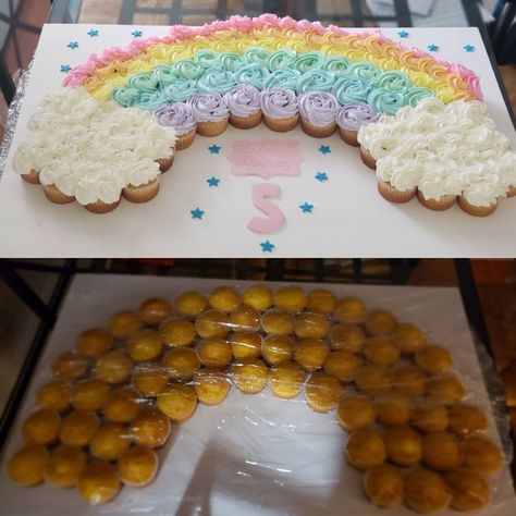 Pastel Rainbow Sheet Cake Birthday, Rainbow Cupcake Cake Template, Cupcake Rainbow Cake, Rainbocorn Birthday Party, Pull Apart Rainbow Cupcake Cake, Rainbow Party Cake, Rainbow Birthday Ideas, Rainbow Cupcake Cakes Pull Apart, Rainbow Birthday Cupcakes