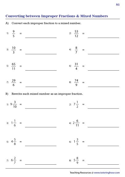 Converting Mixed Numbers To Improper, Mixed Fractions Worksheets, Mixed Numbers To Improper Fractions, Improper Fractions To Mixed Numbers, Mixed Fractions, Ordering Fractions, Converting Fractions, Numbers Worksheets, Improper Fractions