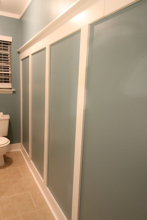 Accent Wall With Molding, Bathroom Molding Ideas, Bathroom Molding On Walls, Bathroom Board And Batten With Hooks, Molding In Bathroom, Wall With Molding, Bathroom Molding, Height Board, Cabana Bathroom