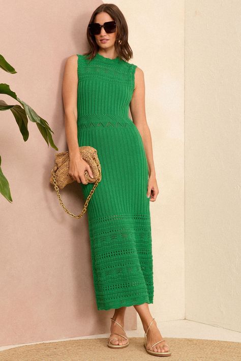 Green Crochet Dress, Knitted Dress Outfit, Cocoon Jackets, Knitted Midi Dress, Love Roses, Crochet Knit Stitches, Beachwear Skirt, Crochet Dress Pattern, Sleeveless Midi Dress