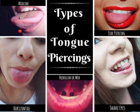 Types of tongue piercings #mmaforkids Types Of Tongue Piercings, Tongue Piercing Tumblr, Fake Tongue Piercing, Scoop Tongue Piercing, Surface Tongue Piercing, Vertical Tongue Piercing, Piercing Alla Lingua, Venom Piercing, Piercings Tongue