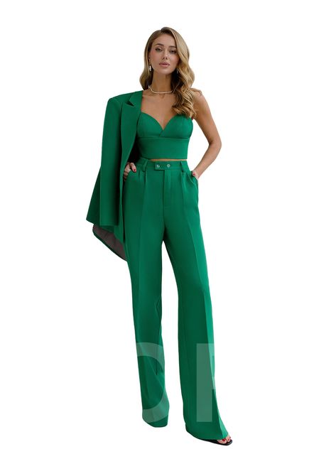 Three piece pantsuit for women: wide leg pants with high rise, Crop bustier top and lined blazer Please note suit measurements  Pants length outerseam is 45,6 inches or 116 cm Sleeve length 24 inches or 61 cm Blazer length 29,1 inches or 74cm Our Womens Blazer Trouser Suit for office, business meetings, formal events and special occasions. Also perfectly combines with sneakers so after a long and tiring business day you can change you heels to sneakers and still look chic. DETAILS -  wide leg pa Emerald Green Suit For Women Formal, Formal Outfits For Women Special Occasions, Womens Pant Suits, Womens Formal Wear, Green Pantsuit, Green Suit Women, Womens 3 Piece Suit, Pantsuit For Women, Bridesmaid Suits