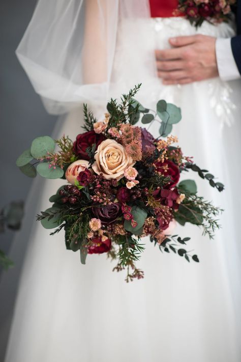 Rosewood Wedding Bouquet, Rustic Burgundy Wedding Bouquet, Small Burgundy Bouquet, Wedding Flowers Autumn Burgundy, Small Dark Wedding Bouquet, Burgundy And Gold Boutonniere, Burgundy Eucalyptus Bouquet, Cranberry Wedding Bouquet, Dark Burgundy Flowers