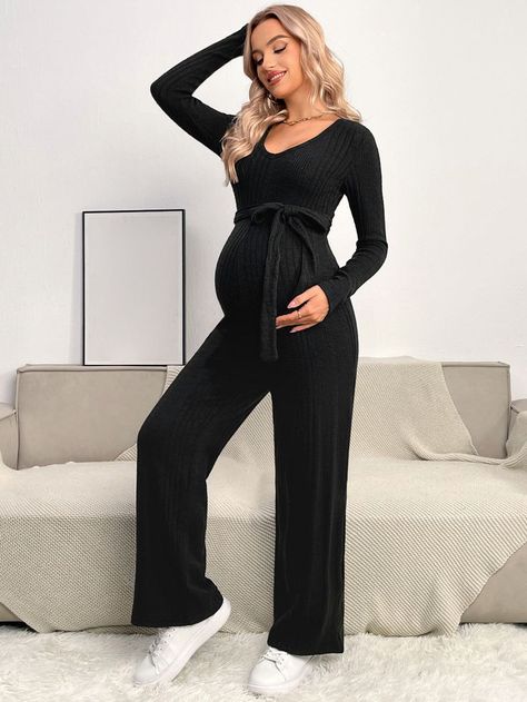 Maternity Two Piece, Maternity Work Wear, Maternity Street Style, Shein Maternity, Casual Maternity, Maternity Jumpsuit, Knit Jumpsuit, Stylish Maternity, Extra Long Sleeves