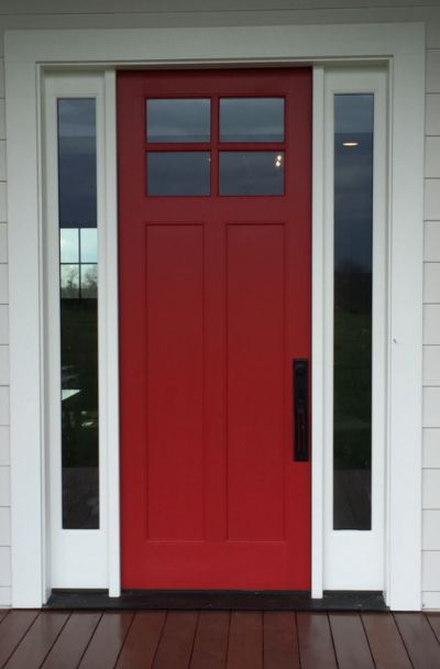 31 Houses with Red Front Entry Door Ideas | Sebring Design Build Benjamin Moore Red Paint Colors Front Doors, Red Door Brick House, Farrow And Ball Rectory Red Front Door, Grey House With Red Door, Best Red Door Paint Color, Bright Red Front Door, Red White And Blue House Exterior, Best Red For Front Door, Dark Red Doors On Houses