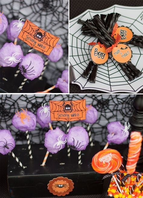 Cotton Candy + Striped Straws (plus plastic spiders) makes GENIUS Spiderwebs!!! Totally cute for Halloween parties!!! Love this idea. Spider Party, Halloween Party Activities, Halloween Party Printables, Hallowen Ideas, Halloween Party Ideas, Halloween Garden, Spooktacular Halloween, Halloween Goodies, Halloween Spider Web