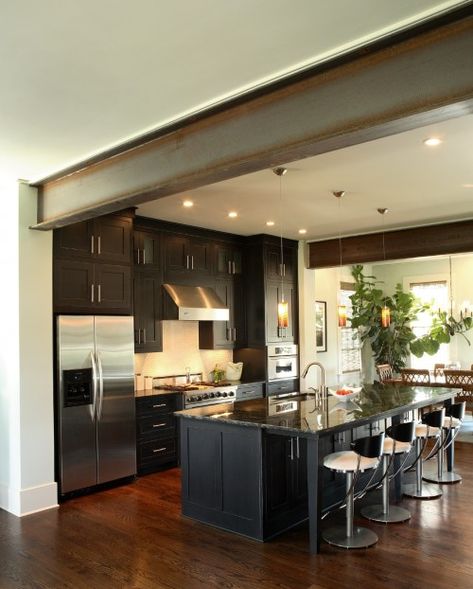 steel beam - I LOVE the contemporariness (I don't think that's a word, but...) of this kitchen. Beam Ceiling, Red Oak Floors, Modern Kitchen Lighting, Steel Beam, Unique Kitchen Design, Metal Beam, American Kitchen, Minimalist Kitchen Design, Steel Beams