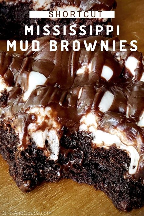 These super easy Mississippi Mud Brownies start with a brownie mix, topped with marshmallows, then drizzled with fudgy chocolate icing. These are shortcut marshmallow brownies but they're NOT short on ooey gooey fudgy goodness! Mississippi Mud Cake Brownies Recipe, Decadent Brownies Recipe, Mississippi Mud Pie Brownies, Desserts From Brownie Mixes, Brownie Dump Recipes, Mississippi Mud Brownies With Marshmallow Cream, Mississippi Mud Brownies Easy, Mississippi Mud Cake Brownies, Triple Fudge Brownies