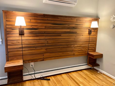 Redwood Headboard, Diy Wood Headboard, Diy Bed Headboard, King Bed Headboard, City Ideas, Headboard With Shelves, Lake Decor, Headboard Wall, Wooden Headboard