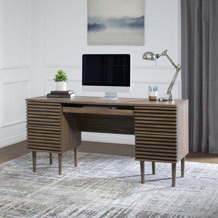 Modern Desk Ideas, Computer Desk With Drawers, Desk With Keyboard Tray, Corner Desk Office, Mid Century Modern Desk, Keyboard Tray, Dark Wood Floors, Office Essentials, Office Room