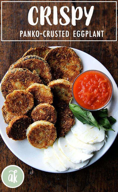 Deconstructed Eggplant Parmesan! These crispy rounds of eggplant parmesan are irresistible, and with a few slices of good bread, you can make a meal out of them. When I can't muster the energy to make a full-blown eggplant parmesan, this is the recipe I turn to. #eggplant #parmesan #summer #easy #deconstructed Panko Crusted Eggplant, Baked Breaded Eggplant Recipes, Deconstructed Eggplant Parmesan, Panko Eggplant, Panko Recipes, Crispy Eggplant, Peasant Bread, Meatless Dishes, Pasta Meals