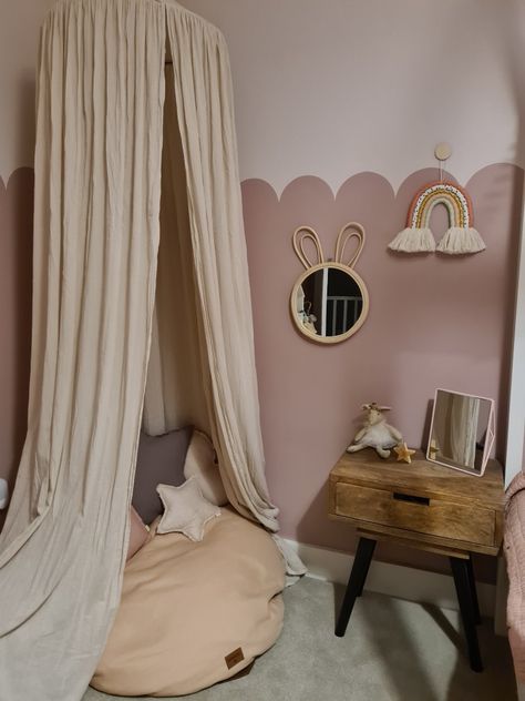 Bedroom inspiration, girlsbedroom, pretty and pink, scalloped wall, canopy, cosy corner, reading nook, bunny mirror, rainbow. @farrowball @popandpunch Follow our renovation journey over on Instagram @house2familyhome. Dusky Pink Scallop Wall, Canopy In Nursery, Scallop Pink Wall, Bunny Bedroom Decor, Scalloped Pink Wall, Kids Room Scallop Wall, Dusty Pink Kids Bedroom, Pink Scalloped Wall, Rainbow Toddler Room Girls Bedroom