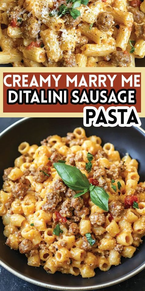 Ingredients: 8 ounces ditalini pasta, cooked al dente 1-2 tablespoons avocado oil 8 ounces mild Italian ground sausage ½ cup sweet onion, diced small 2 cloves garlic, minced 1-1.5 tablespoons tomato paste Pinch of kosher salt, to taste Few turns cracked black pepper, to taste ½ – ¾ cup low sodium chicken broth ¾ – 1 cup heavy cream ½ cup parmesan cheese, grated Red pepper flakes (optional garnish) #Ditalini #Sausage #Pasta #Quickandeasyrecipe Creamy Marry Me Ditalini Sausage Pasta, Pasta Dishes With Ground Sausage, Creamy Italian Sausage Ditalini, Italian Sausage Cream Sauce, Creamy Pasta With Italian Sausage, Ditalini Pasta Recipes Italian Sausage, Heavy Cream Recipes Dinner Pasta, Ground Sausage And Spinach Recipes, Recipes With Mild Sausage