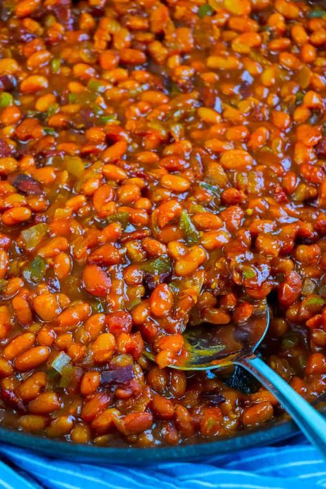 Doctored Baked Beans From A Can, Baked Beans With Canned Navy Beans, Baked Beans With Bell Pepper, Oven Baked Beans From Can, Dressed Up Baked Beans, Baked Beans With Green Peppers, Canned Baked Beans Doctored, Easy Baked Beans From Canned Beans, Homemade Baked Beans From Canned Beans