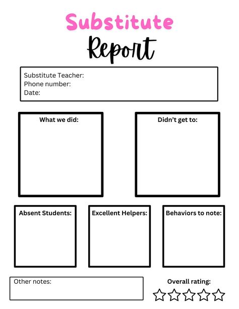 Substitute teacher report template- instant PDF download! Perfect for substitute teachers to print off and fill out after a day of teaching. Substitute Teacher Report, Absent Students, Substitute Teacher, Diy Classroom, School Help, Report Template, Hate Speech, Teaching Ideas, Classroom Ideas