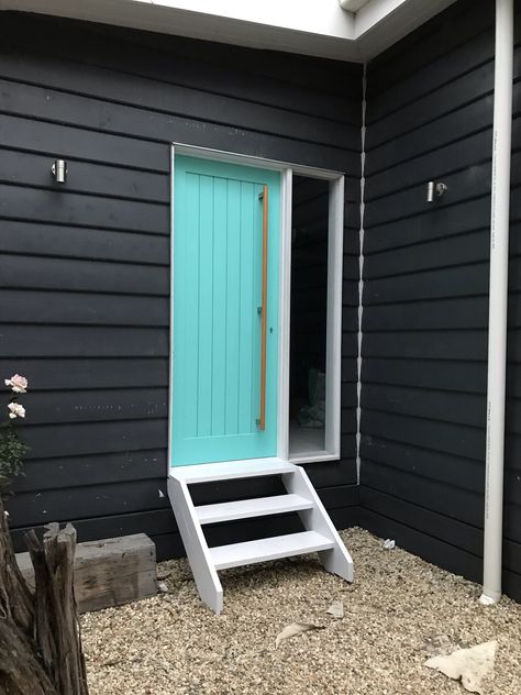 Black House Bright Door, Teal Door Colors, Black House Colorful Door, Black House With Colored Door, Neon Front Door, Exterior Door Ideas, Farm Style Home, Grey Brick Houses, Charcoal House