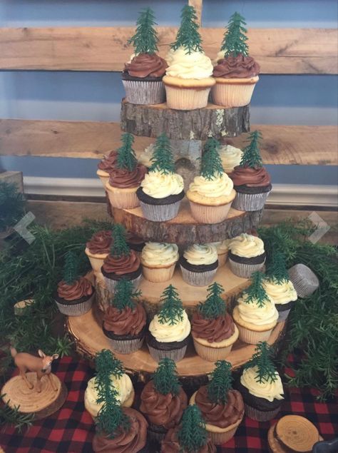 Wild One Lumberjack First Birthday Cake, Outdoor Theme Cupcakes, Camping Birthday Cupcakes, Pnw Themed Party, Logging Birthday Party, Wild One Adventure Birthday Party, Camp Theme Cupcakes, One Happy Camper First Birthday Cupcakes, First Birthday Boy Woodland Theme