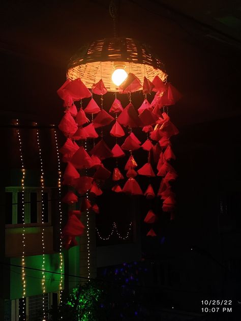 Made from bamboo basket, saree tassels and light bulb. For diwali decoration, wedding declaration, photoshoot. Light Lamp For Diwali, Lights Decoration For Diwali, Bamboo Basket Decoration, Diwali Light Decoration, Diy Diwali Lanterns, Diwali Theme, Diwali Lamp, Hand Made Lamp, Bottle Art Projects