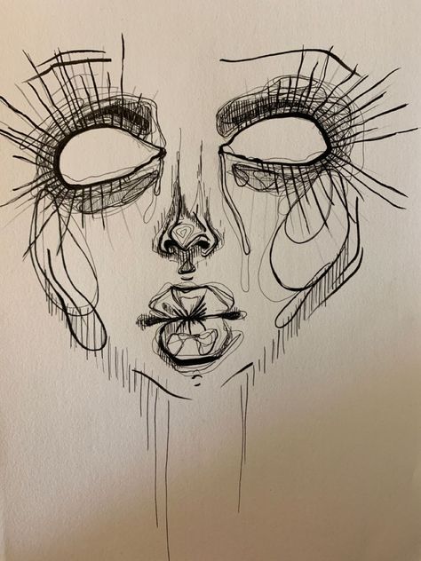 Drawing Of A Person Painting, Funky Art Drawings Sketch, Trippy Face Drawing, Funky Drawing Ideas, Weird Art Sketches, Edgy Sketches, Grunge Sketches, Weird Sketches, Grunge Art Sketches