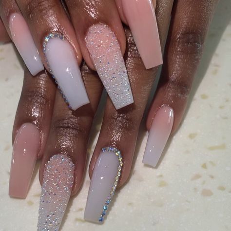 TXnailsandspa on Instagram: “Nailit daily #ombrenails #houstonnails #nailsnailsnails #nails #nailsofinsta #nailsofinstagram #nailitdaily #nailsdid #nailsonfleek…” Ombre Nail With Gems, Nail Designs Shimmer, Pink And White Ombre Nails Almond, Pink Ombre French Tip Nails, Pink And White Ombre Nails With Design, White Ombre Nails With Design, Ombre Nails With Gems, White Ombre Nails, Ombre French Tips