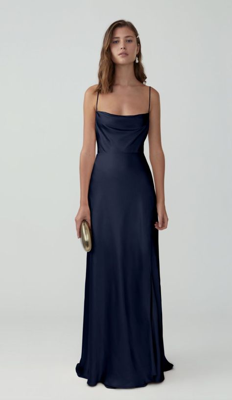 Timeless Dresses Prom, Prom Dress Satin Blue, Simple Banquet Dresses, Prom Dresses Minimalist, Dark Blue Prom Dress Simple, Long Winter Ball Dresses, Dark Blue Simple Prom Dress, Navy Blue 90s Prom Dress, Dark Blue Silk Dress Long