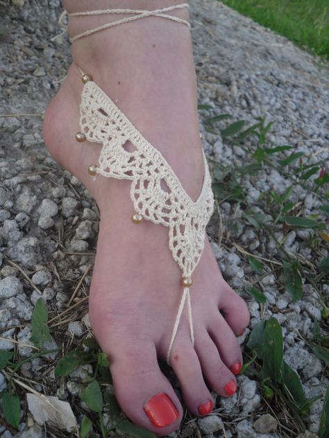 Free Shipping Handmade Crochet Barefoot Sandals by Serbiangirl                                                                                                                                                      More Crochet Barefoot Sandals Free Pattern, Barefoot Sandals Crochet Pattern, Beaded Foot Jewelry, Crochet Barefoot Sandals, Diy Sandals, Hippie Crochet, Barefoot Sandal, Crochet Sandals, Crochet Shoes