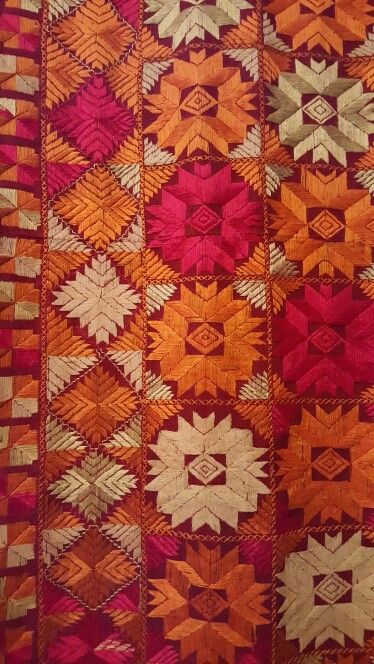 Phulkari on my wall. Photo by Deepi Brar Indian Traditional Embroidery Designs, Punjabi Embroidery, Phulkari Pattern, Phulkari Embroidery Designs Pattern, Phulkari Design, Fulkari Embroidery Motifs, Phulkari Embroidery Motifs, Phulkari Motifs Embroidery, Indian Textiles Aesthetic