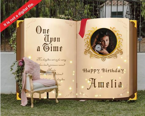 Once upon a time, a customizable fairy tale book is a must have for your birthday. Once Upon A Time Book Backdrop, Giant Book Backdrop, Once Upon A Time Birthday Party, Once Upon A Time Book, Princess Backdrop, Book Backdrop, Experiential Marketing Events, Princess Backdrops, Gala Decorations