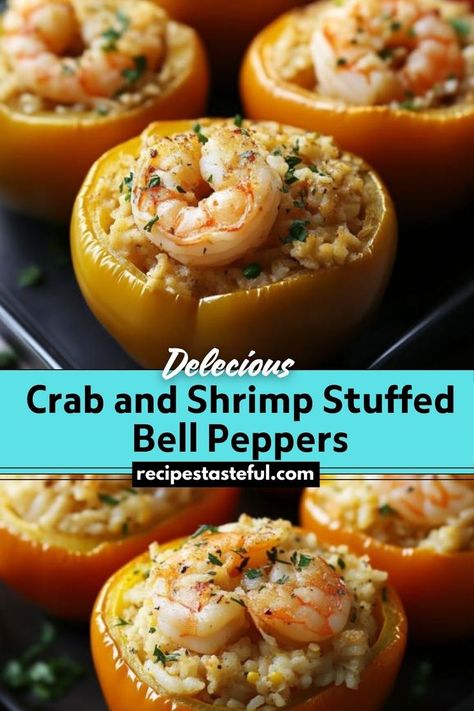 A flavorful dish featuring bell peppers stuffed with a rich mixture of lump crab meat, shrimp, rice, and spices, baked to perfection. Shrimp Stuffed Bell Peppers, Lump Crab Meat Recipes, Bell Peppers Stuffed, Crab And Shrimp, Shrimp Stuffed, Stuffed Peppers With Rice, Lump Crab Meat, Shrimp Rice, Seafood Dish Recipes