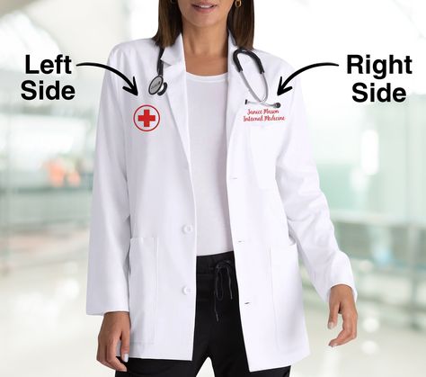 "How To Order Your Lab Coat: 1-) Please Check All Image  2-) Please Enter All Information on the Personalization For Text: A: Enter Text With Line Number or Monogram: (Max 15 characters per line) B: Enter Font or Monogram:(Image 5,6,7,8) C: Enter Thread Color: E.g.: Line1: World Line2: Medical Center Thread: Red Font: 3 Note: Logo upon request, please contact with us ORDER DESCRIPTION FOR TEXT OPTION: Loop measurement will be max 12\" - 10\" for pocket area Back Side 17\"-15\" Product Descriptio Custom Lab Coat, Kids Lab Coat, Women's Lab Coats, Women's Lab Coat, White Lab Coat, Medical Lab, Glam Wedding Makeup, Scrubs Outfit, White Lab