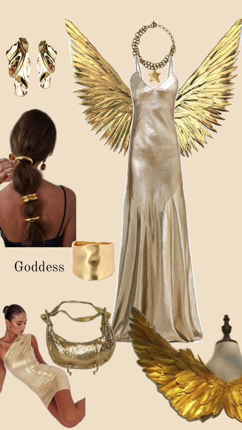 Gold Witch Costume, Gold Dress Halloween Costume Ideas, Goddess Of The Sun Costume, Sun Goddess Halloween Costume, Goddess Of Sun Costume, Easy Goddess Costume, Golden Goddess Dress, Gold Greek Goddess Costume, Apollo Halloween Costume