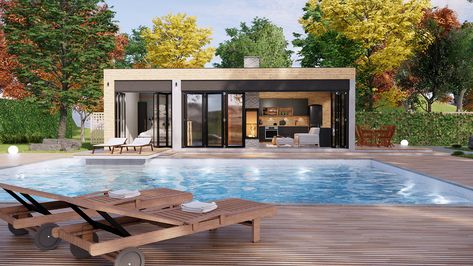 modern pool house with fireplace on Behance Pool House Gym Ideas, Backyard Guest House Small Modern, Small Pool With Pool House, Modern Houses With Pool, Outdoor Pool House With Bathroom, Small Houses With Pools, Pool House Casita, Casita Pool House, Small Modern Guest House