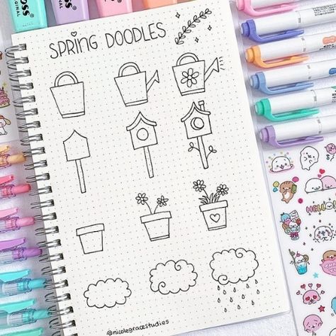 Dot Journal Drawings, Spring Doodles Aesthetic, April Doodles Bullet Journal, Cute Spring Doodles, Spring Doodles Bullet Journal, Dot Journal Doodles, March Calendar Doodles, Spring Doodles Simple, Springtime Doodles