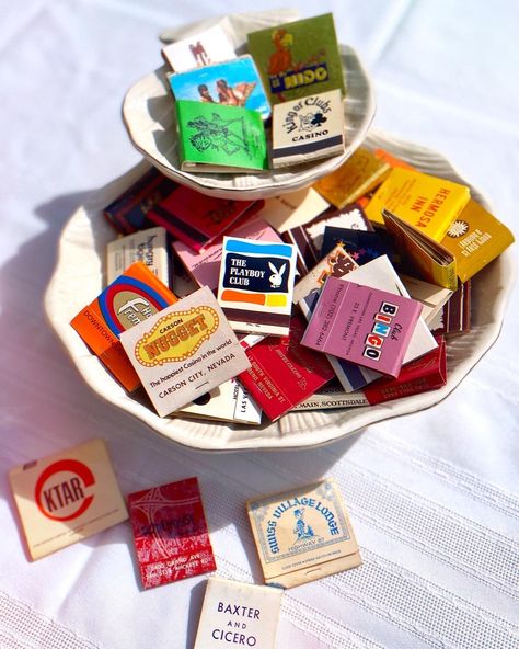 Vintage matchbook lots of 5, 10, or 20. Some are unused, some are missing some matches and have been struck, most are in great shape. Thank for Shopping! Match Box Collection Display, Group Friend Gifts, Cool Match Boxes, Bowl Of Matches, 70s Party Favors, Matches Collection, Matchbook Display, Matches Aesthetic, Match Box Art