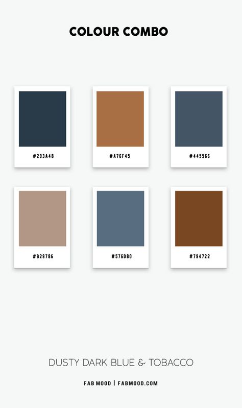 Browns And Blue Color Scheme, Dark Blue Paint Color Palette, Shades Of Blue Color Scheme, Brown Navy Bedroom, Dark Navy Color Scheme, Dark Dusty Blue Color Palette, Navy Blue Brown Bedroom, Brown And Dusty Blue Bedroom, Dark Wood Color Palette Bedroom