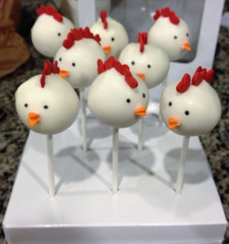 Chicken Themed Cupcakes, Barnyard Cake Pops, Chicken Cakes Birthday Ideas, 2nd Birthday Chicken Theme, Chicken Bday Party, Chicken Themed Birthday Cake, Farm Theme Cake Pops, How To Make A Chicken Cake, Chicken Themed Desserts