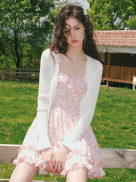 Mini Dress With Cardigan Outfit, Girly Cardigan Outfit, Floral Dress And Cardigan Outfit, Dress With Cardigan Aesthetic, White Cardigan Outfit Summer, Pink Dress With Cardigan, White Cardigan Outfit Aesthetic, Floral Dress With Cardigan, Mini Dress With Cardigan