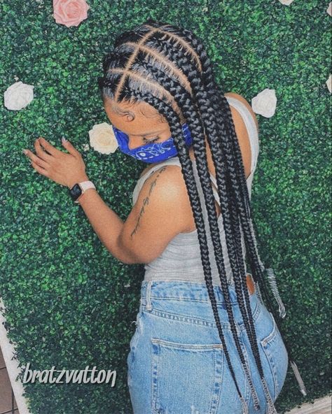 Jumbo Feed In Braids Cornrows, Middle Part Feed In Braids, Jumbo Cornrows Braids For Black Women, Large Cornrows Braids, 6 Big Braids, Large Cornrows Braids Black Women, Jumbo Feed In Braids, Braided Hairstyles For Women, Hire Style