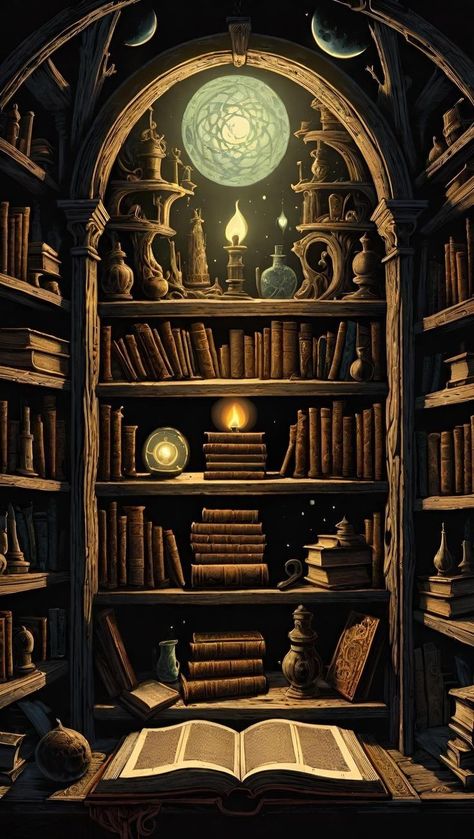 Spooky Library Aesthetic, Wizard Bookshelf, Bookshelf Mural, Wizard Lair, Witch Bookshelf, Witches Library, Wizard Library, Spooky Library, Library Illustration