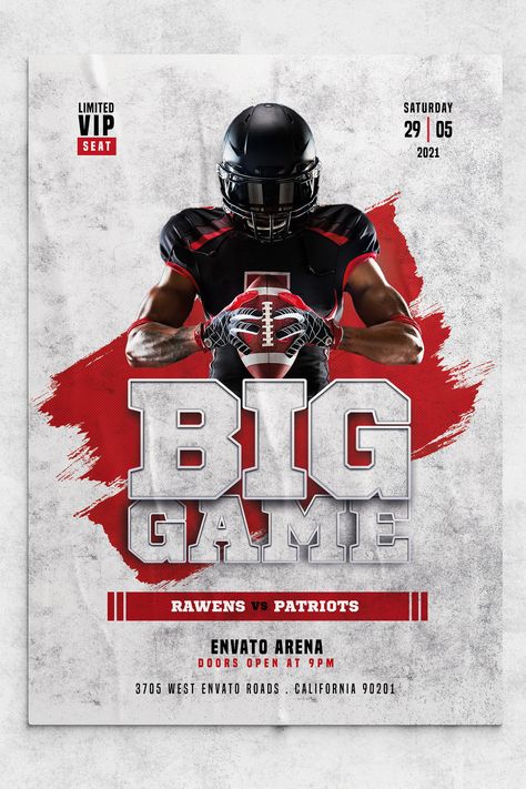 Football Promotion Poster, American Football Poster Design, American Football Graphic Design, Football Banner Ideas, Football Flyer Design, Game Day Flyer, Football Headlines, Sports Marketing Design, American Football Poster