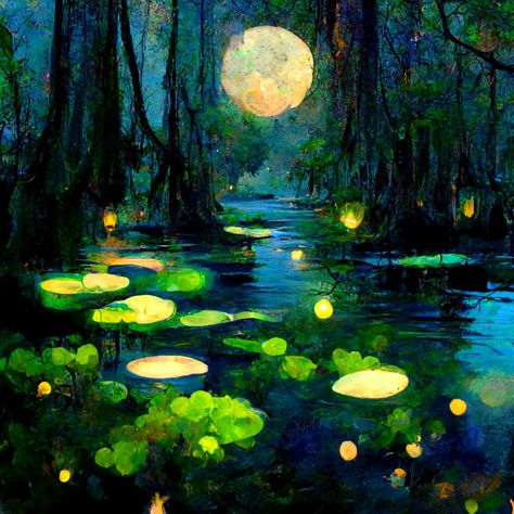 Sleepy lagoon moon forest swamp creek fairy lights floating glow arabesque tiny boat trees moss night Louisiana beautiful 4K Impressionism jazz green fireflies Forest Pond Painting, Forest Night Sky Painting, Pond At Night Aesthetic, Swamp Trees Drawing, Swamp Painting Easy, Enchanted Painting Ideas, Night Lake Painting, Forest At Night Painting, Fairy Lights Painting